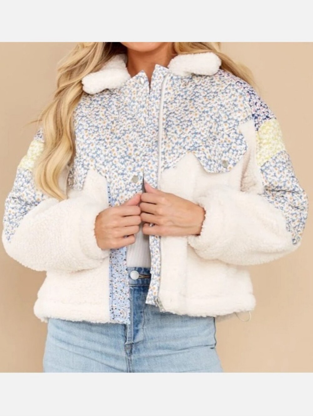 Blank NYC Flower Patch Coat Sherpa Fleece Quilted Teddy Jacket Size L NWT